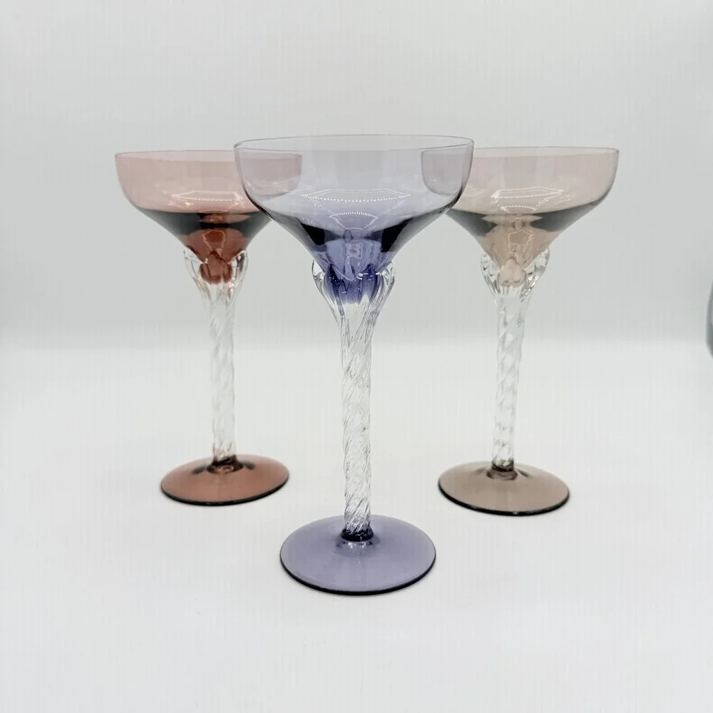 1960s Italian Blefeld Harlequin Twisted-Stem Champagne Coupes, Set of 3